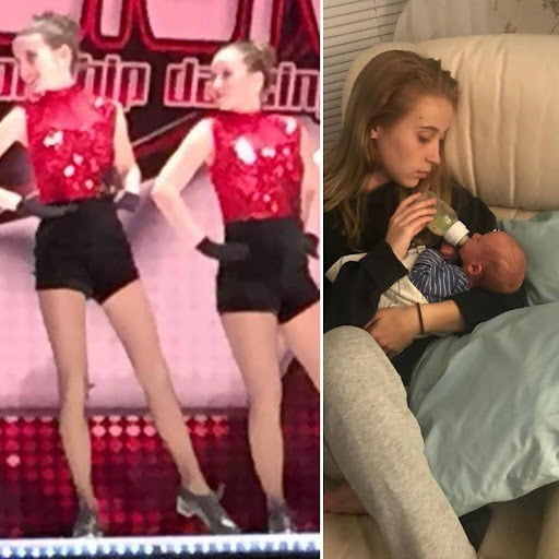 Mollie and Gracie on stage. Gracie with newborn Jack.