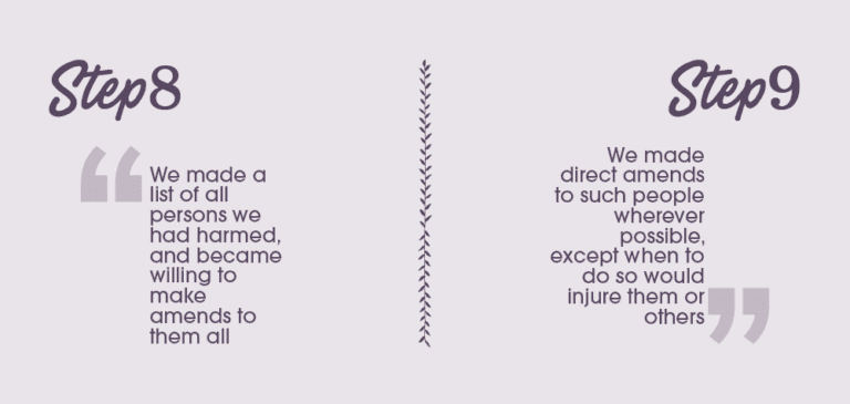 Image showing "Step 8" and "Step 9" of a program, with corresponding quotes about making amends to people harmed. I've Got My Little List of those I need to make things right with.