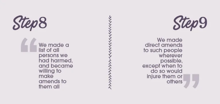 Image showing "Step 8" and "Step 9" of a program, with corresponding quotes about making amends to people harmed. I've Got My Little List of those I need to make things right with.