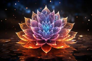 A meditation flower: a luminous, multi-colored lotus flower glowing against a dark background,