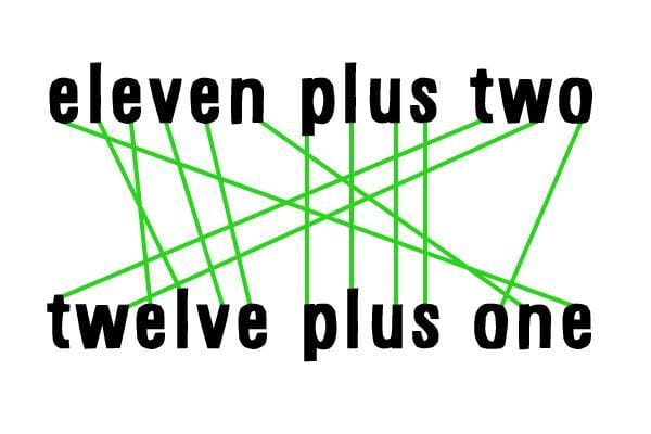 The phrase "eleven plus two" magically rearranges to "twelve plus one," with green lines connecting corresponding letters, reminding us that what goes around comes around in unexpected ways.