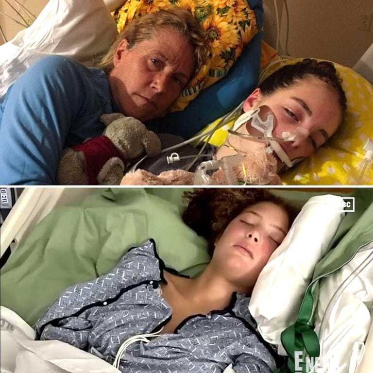 Barb lying in hospital bed with Molly (top), Isabella during cancer treatment (bottom)