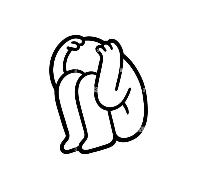 A simple line drawing of a person sitting with their head in their hands, embodying the weight of anxiety and appearing distressed.