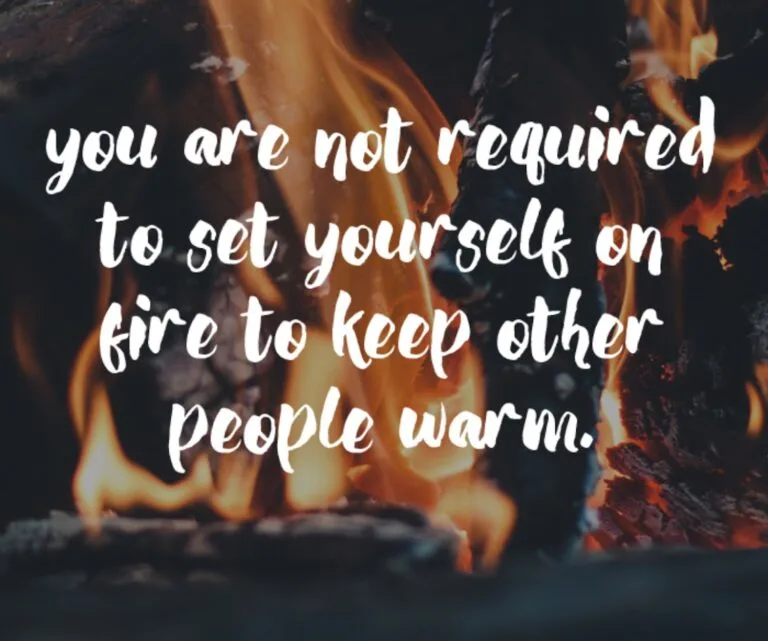 Graphic with fire background and quote about self-sacrifice regarding caregiving burnout