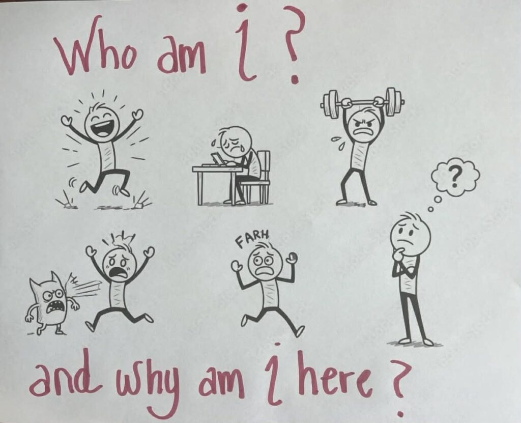 Cartoon characters pondering life questions.