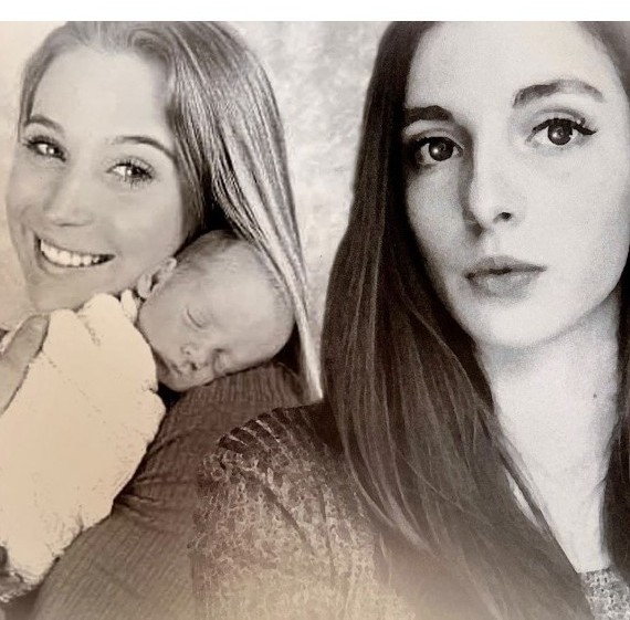 Two-photo collage of Barb as a young woman holding a sleeping baby beside a portrait of Molly